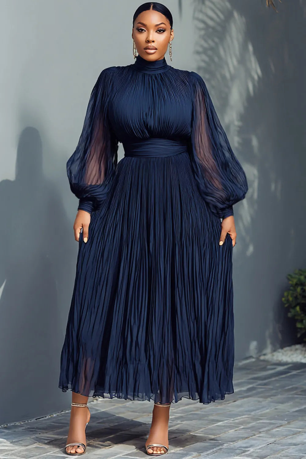 Churchs Navy Blue Mock Neck Lantern Sleeve Long Sleeve See Through Elegant Ruffled Midi Dresses
