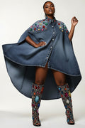 Xpluswear Design Plus Size Party Blue Shirt Collar Half Sleeve Drilling Casual Asymmetric Hem Denim Mini Dresses