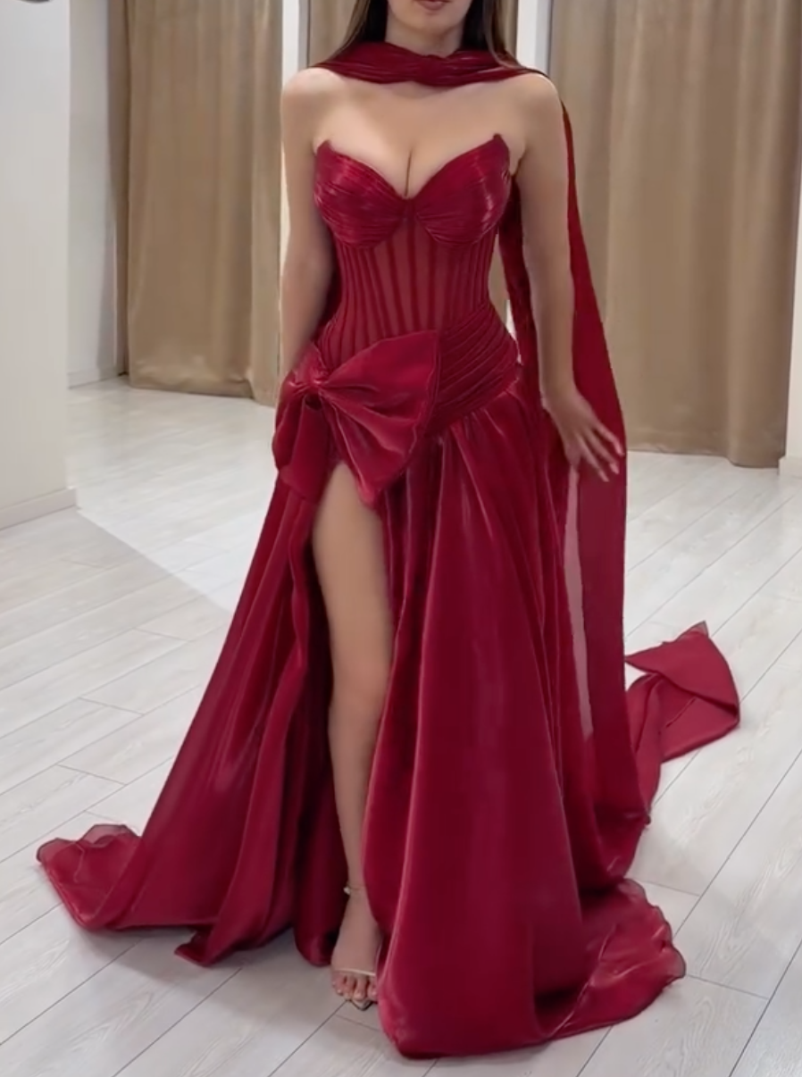 Red Strapless Sweetheart Satin Maxi Evening Gown - Corset Bodice with Bow & Cape Detail