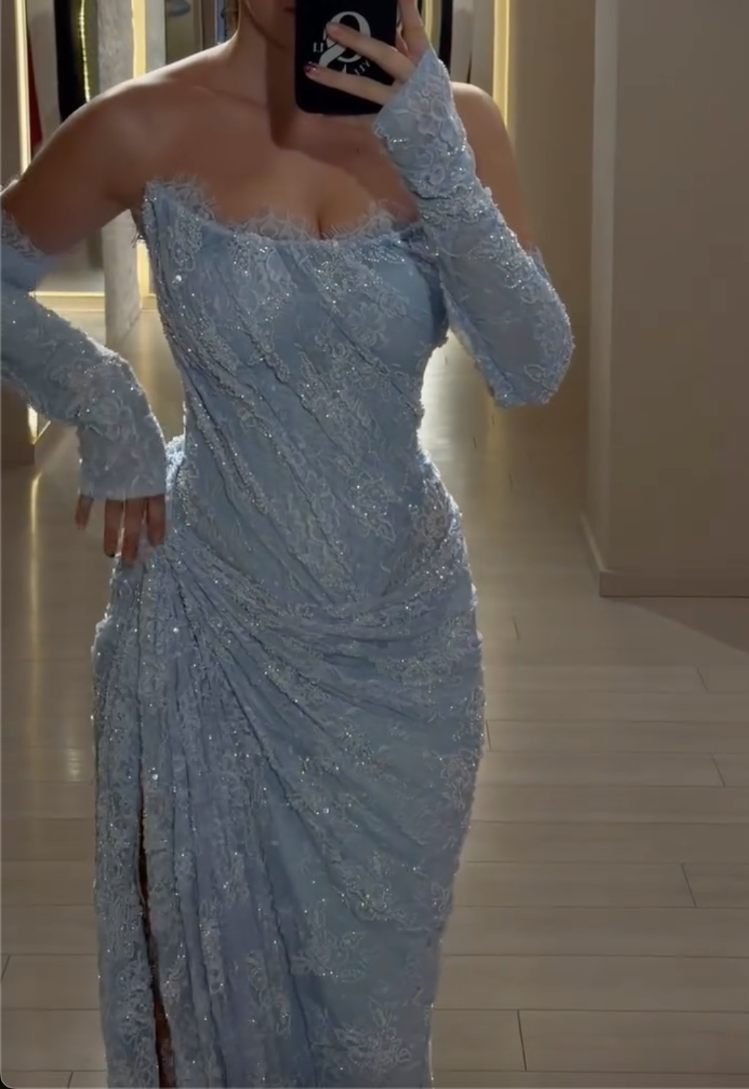 Dusty Blue Off-the-Shoulder Lace Maxi Dress with Glitter Sleeves
