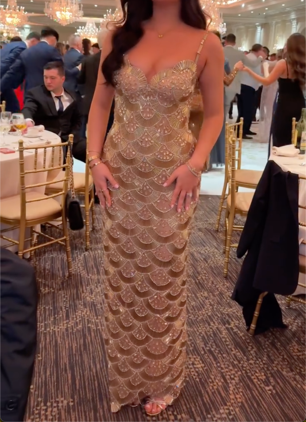 Glamorous Gold Spaghetti Strap Mermaid Maxi Dress with Scale Beadwork