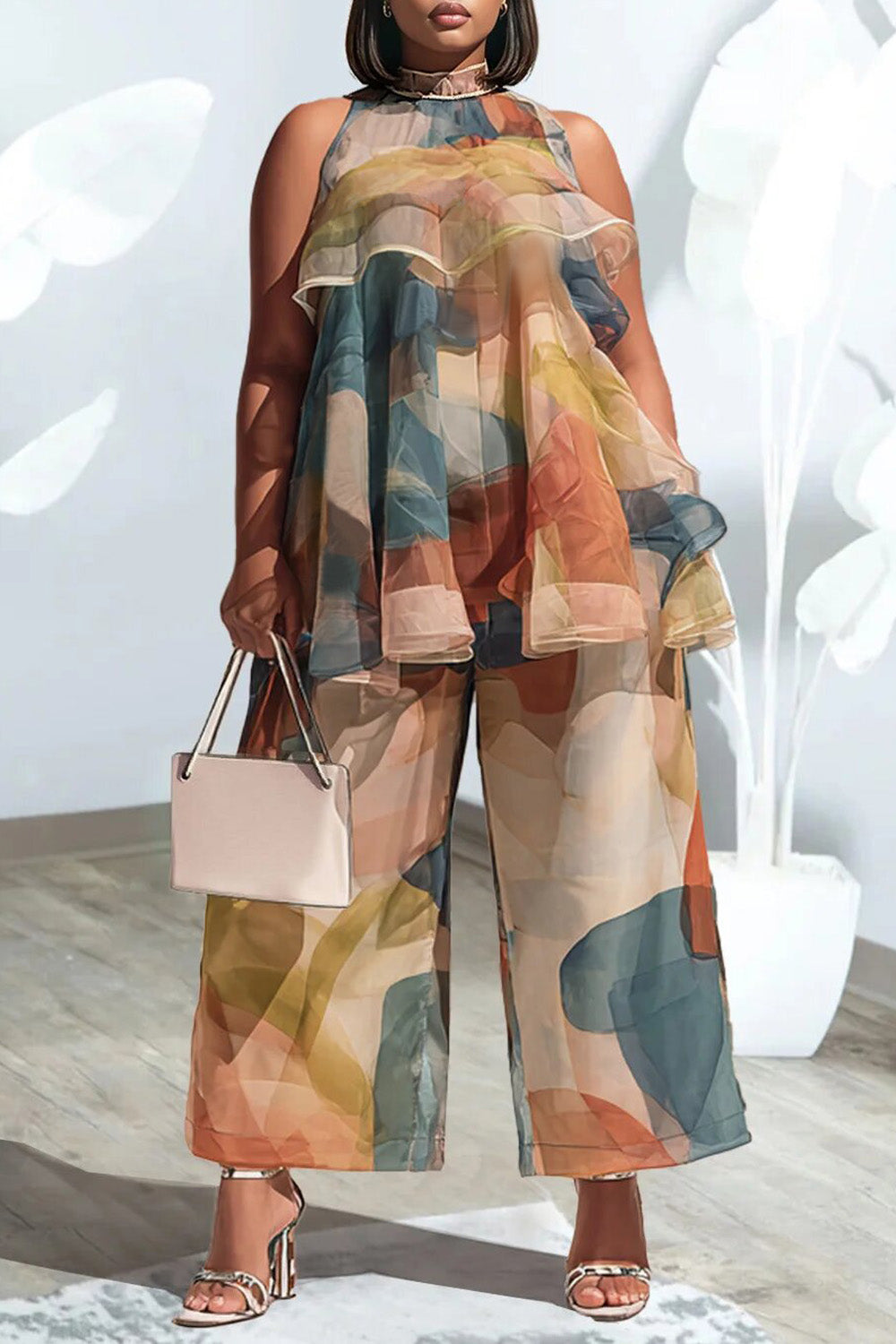 Vacation Elegant Multicolor All Over Print Halter Collar Ruffle Pocket Chiffon Two Piece Pant Sets