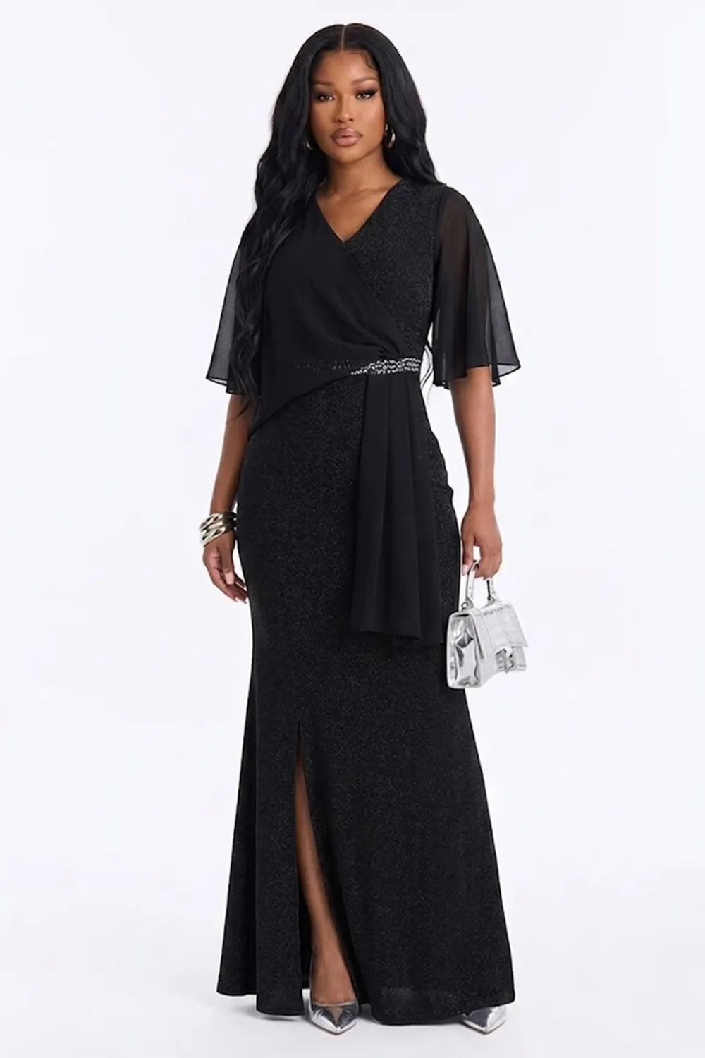 V Neck Half Sleeve Hot Drilling Decor Slit Evening Gowns Maxi Dresses-Black