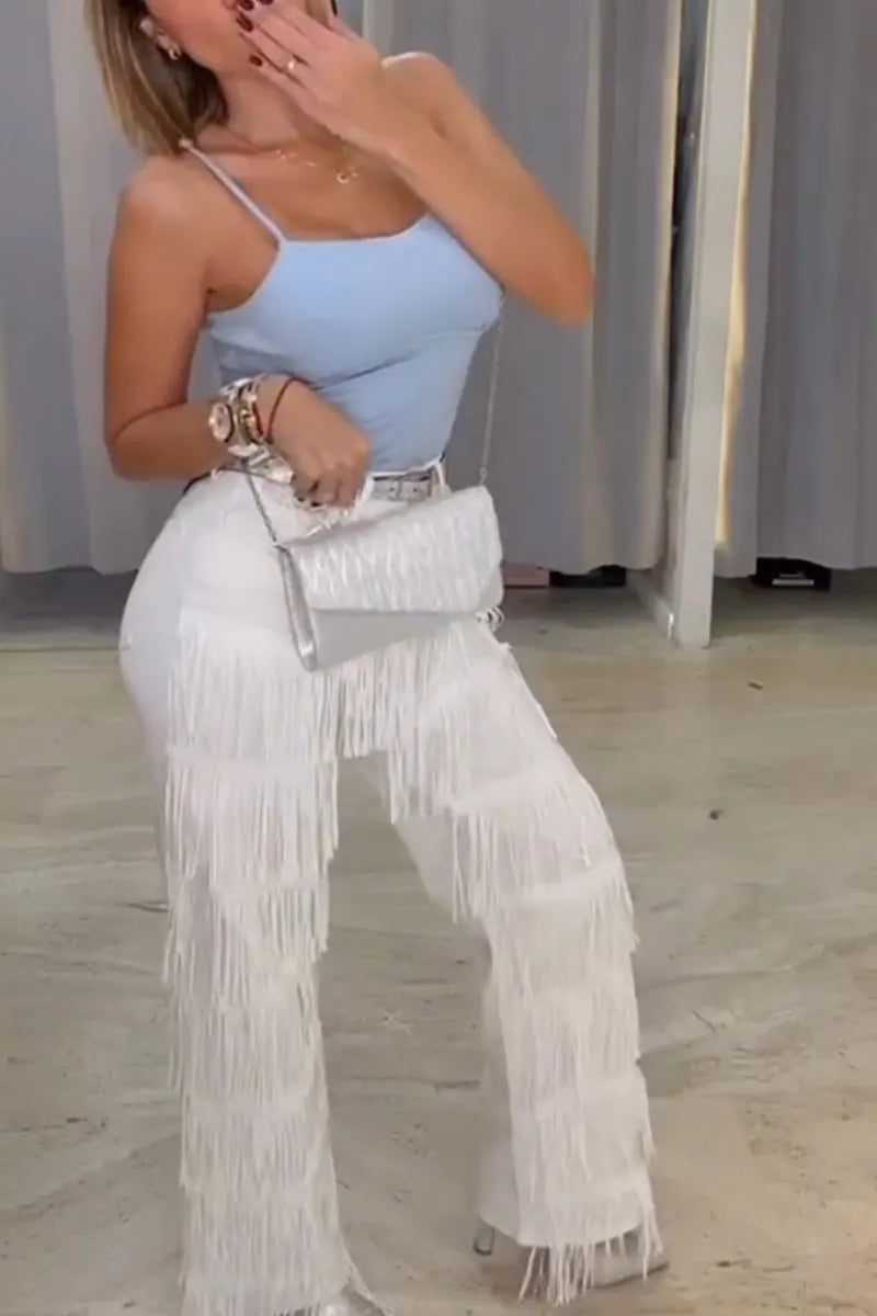 Women's Fashion Wide-Leg Fringe Trim Pants