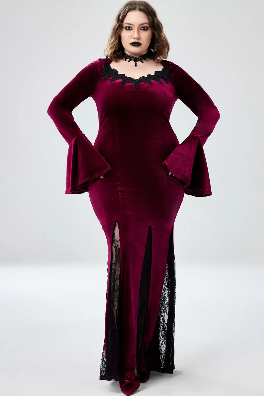 Halloween Costume Burgundy Witches Gothic V-Neck Trumpet Sleeve Velvet Lace Maxi Dress(Ships 24h)