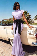 Women Lavender High Neck Cap Sleeve Cutout Waist Black Bow Mermaid Maxi Dress