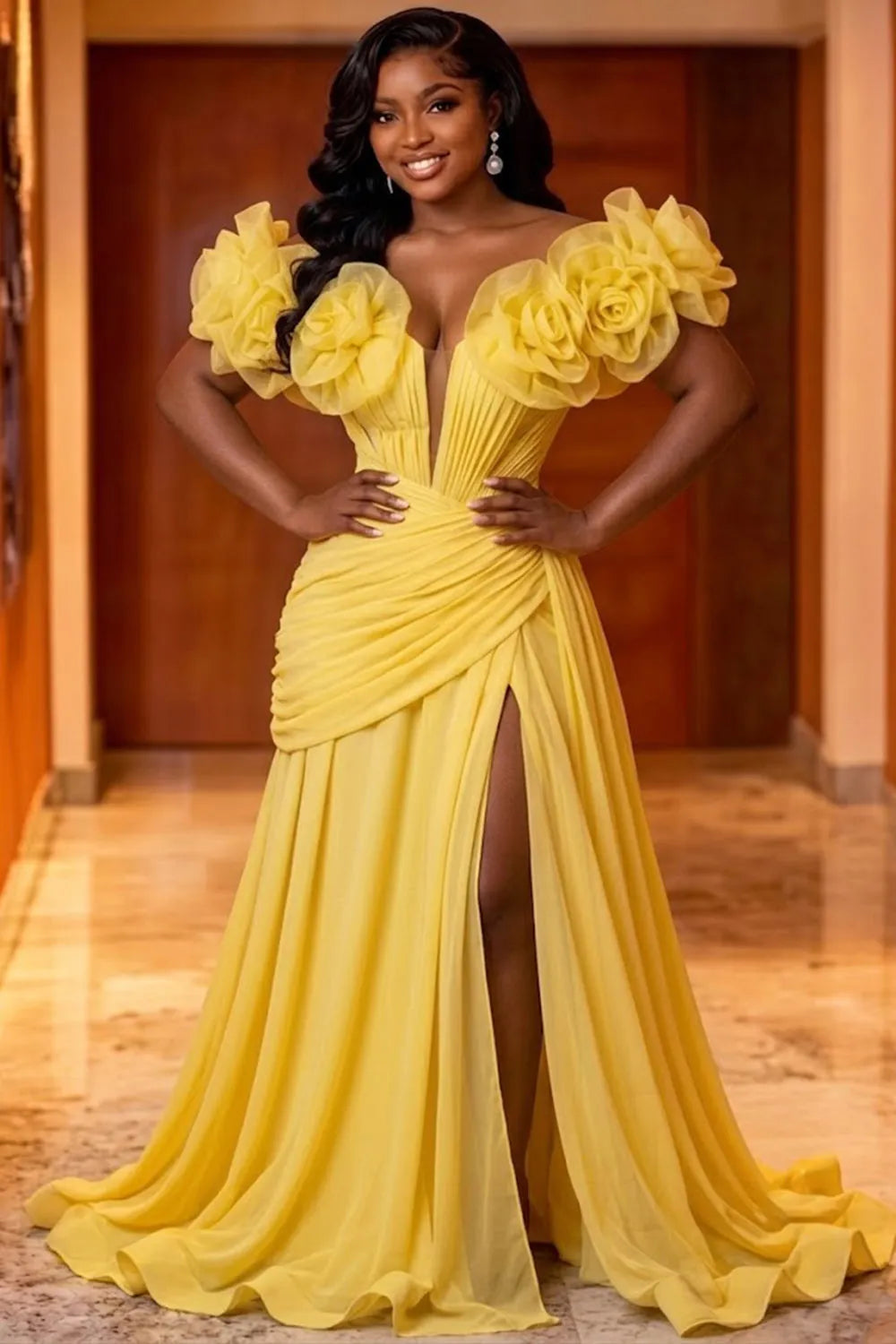 Off Shoulder 3D Floral Slit Ruched Gowns Maxi Dresses-Yellow [Pre Order]