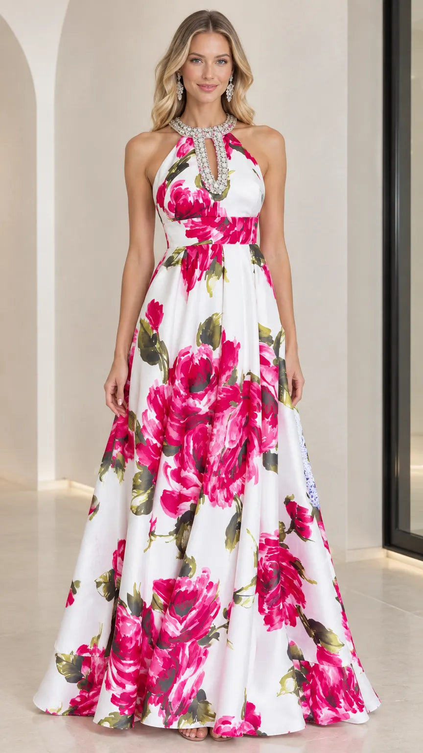 Floral Print Rhinestone Halter Neck A-Line Maxi Evening Gown