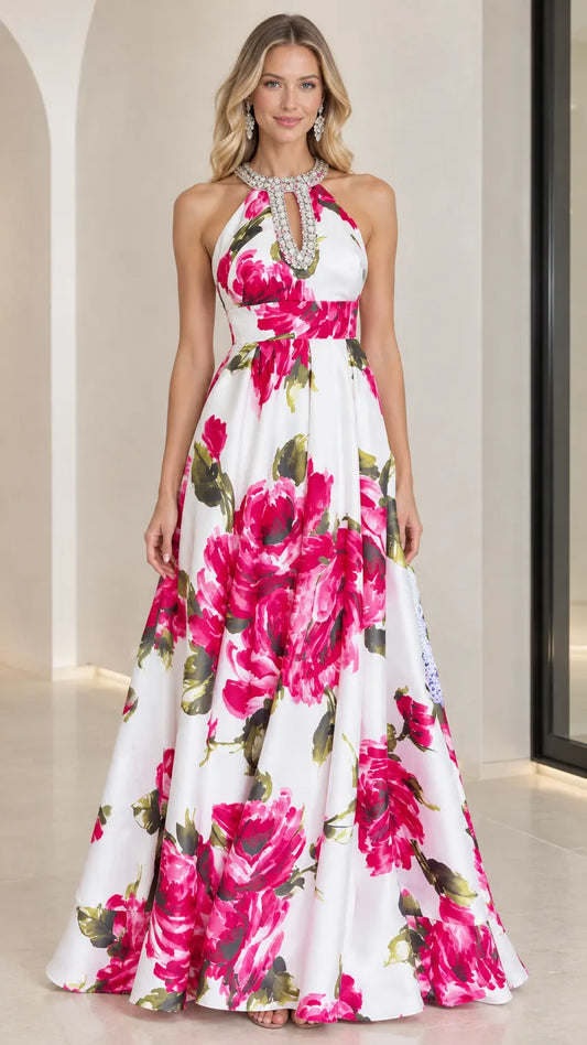 Floral Print Rhinestone Halter Neck A-Line Maxi Evening Gown