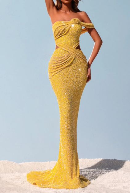 Yellow Sequin One Shoulder Cutout Mermaid Maxi Dress