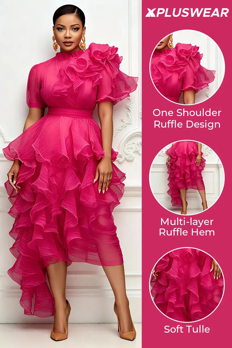 Cocktail Party Hot Pink Round Neck Short Sleeve Ruffle Asymmetric Hem Irregular Hem Tulle Midi Dresses