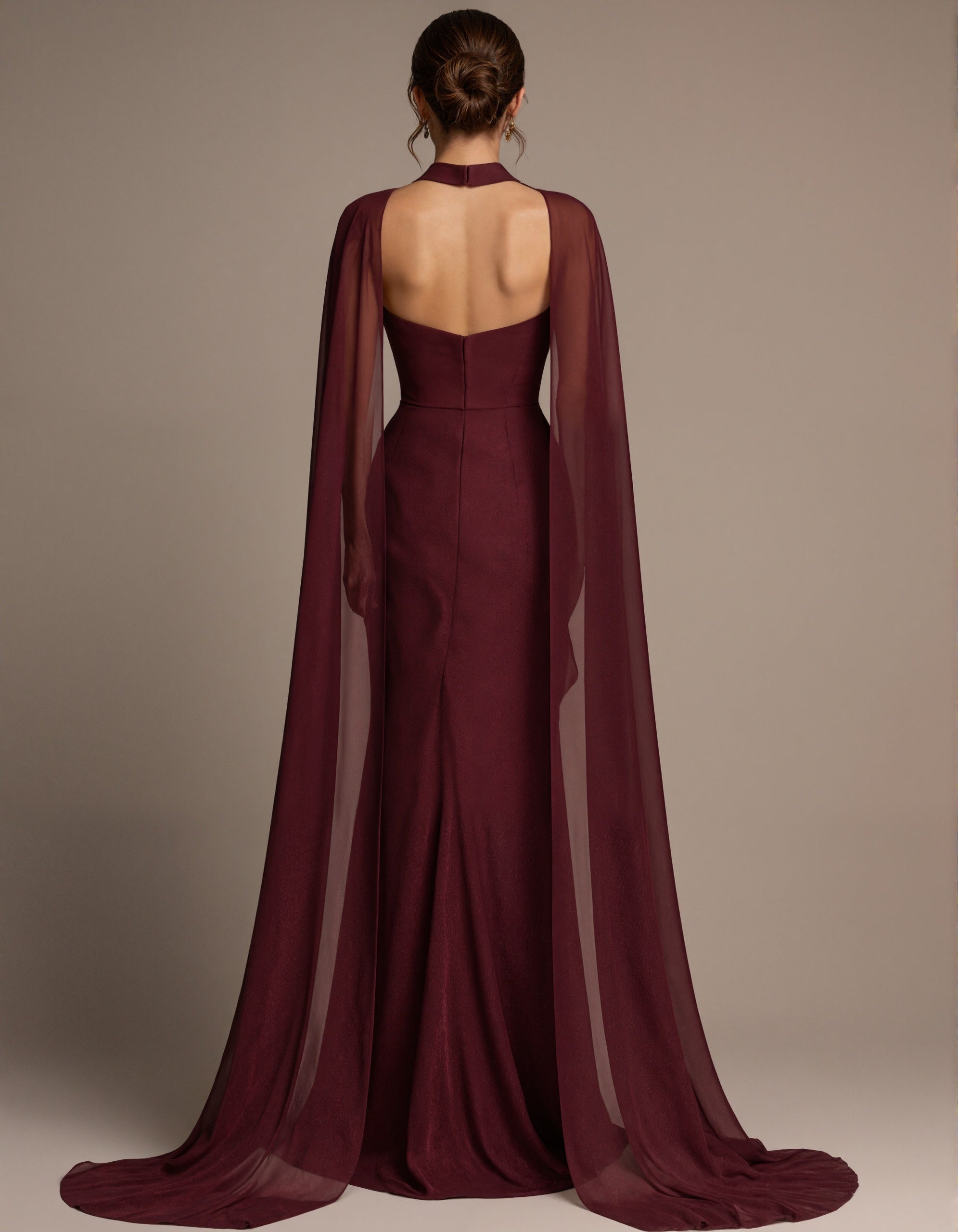 Burgundy High Neck Shawl Sleeve Chiffon Satin Maxi Dress