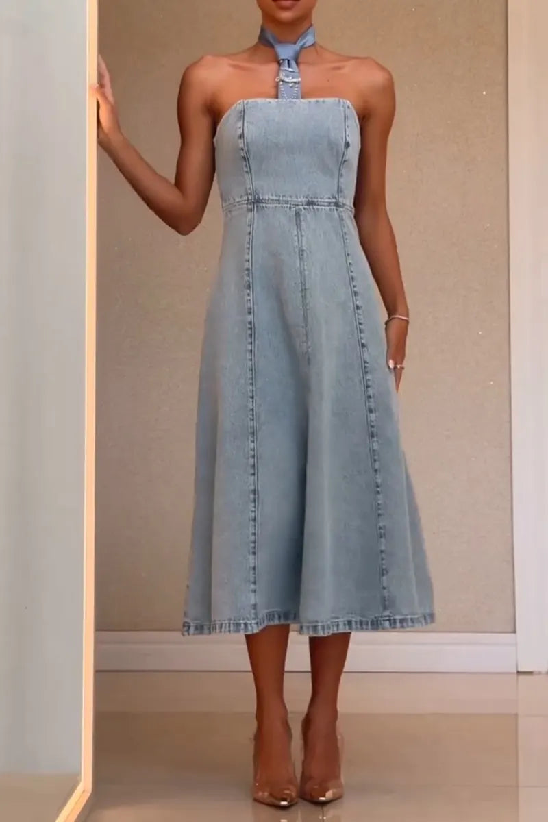 Women's Elegant A Line Hem Bustier Denim Dress