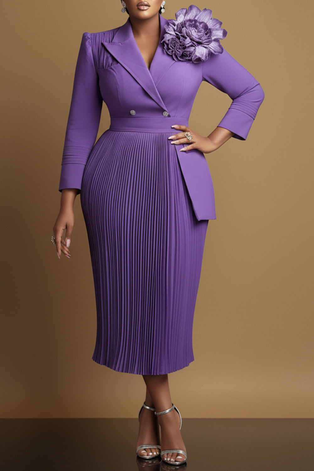 Purple Turndown Collar Long Sleeve Pleated Elegant 3D Midi Dresses