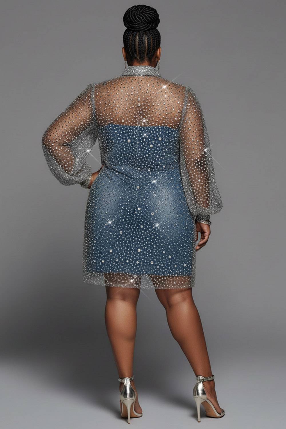 Party Blue Shirt Collar Long Sleeve See Through Sequin Mini Dresses