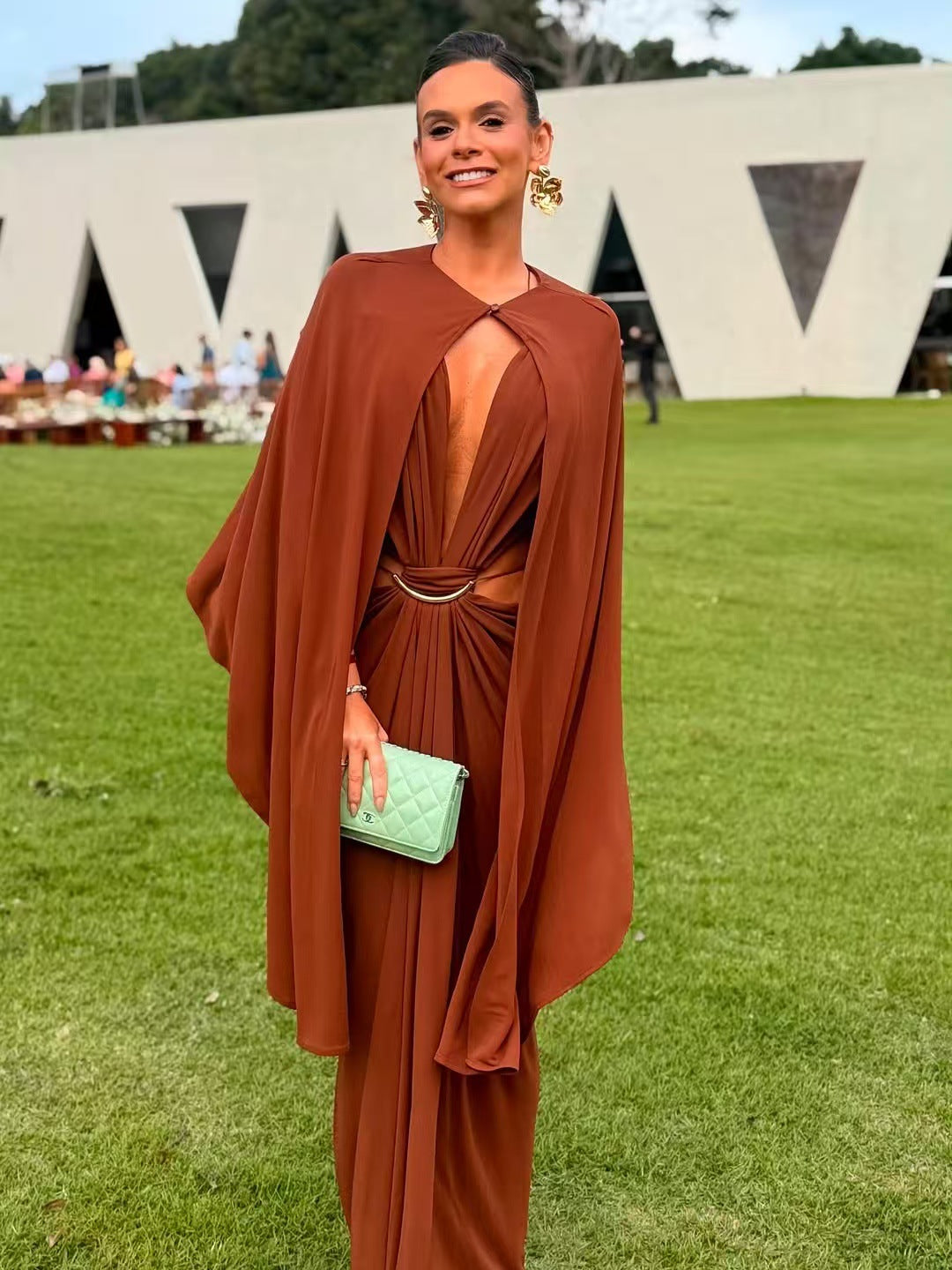 Glamorous Gold Ring Draped Cut-Out Resort Maxi Dress