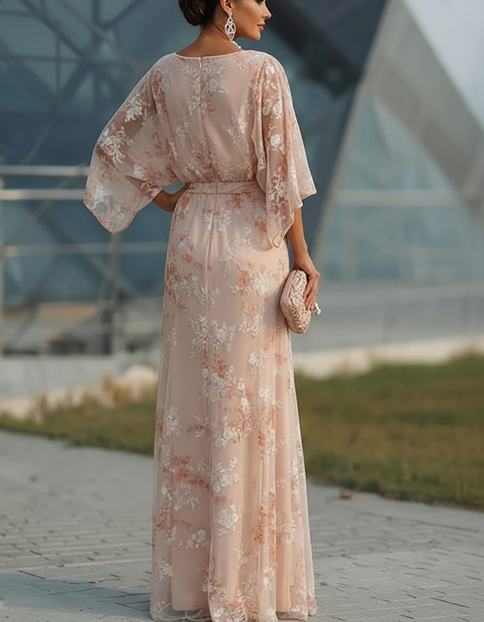 Blush Floral Embroidery Chiffon Maxi Dress