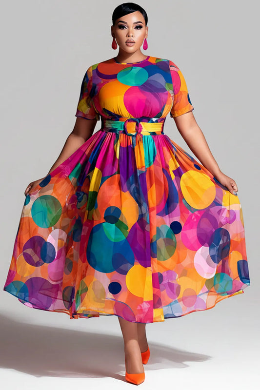 Party Multicolor Graphic Round Neck Short Sleeve Wrap Chiffon Midi Dresses