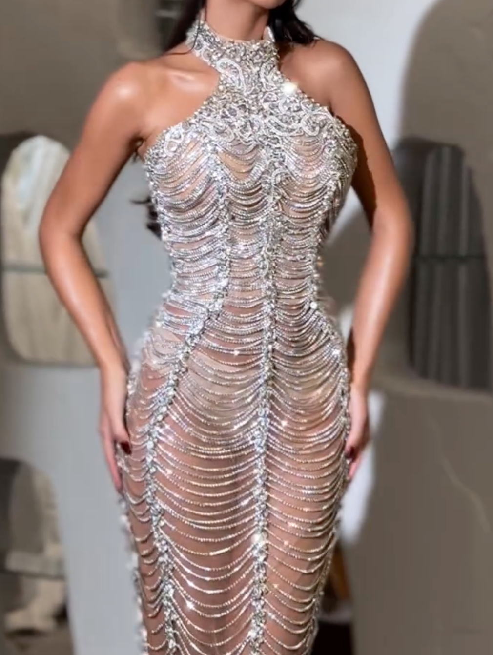 Silver Beaded Sheer Halter Maxi Dress