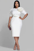 Business Casual Elegant White Round Neck Short Sleeve 3D Bodycon Midi Dresses