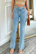 Women's Casual Low Rise Skinny Flared Jeans With Cutout Waistband Design