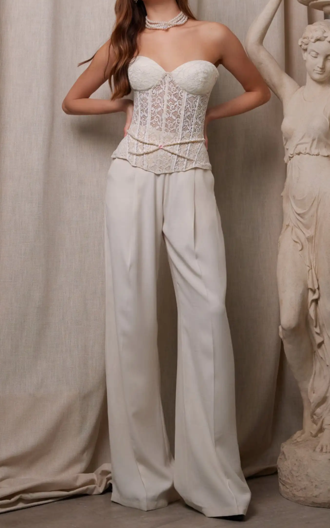 Ivory Lace Strapless Corset Top & Wide-Leg Pants Co-Ord Set