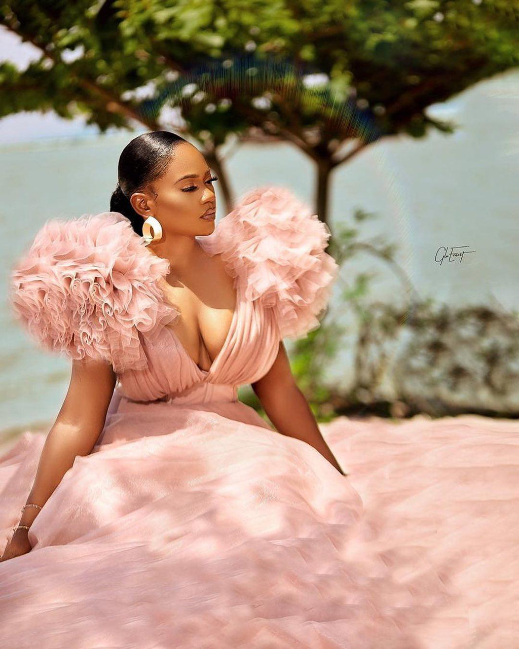 Pink Split Joint V Neck Tulle Ruffle Trailing Maxi Dress