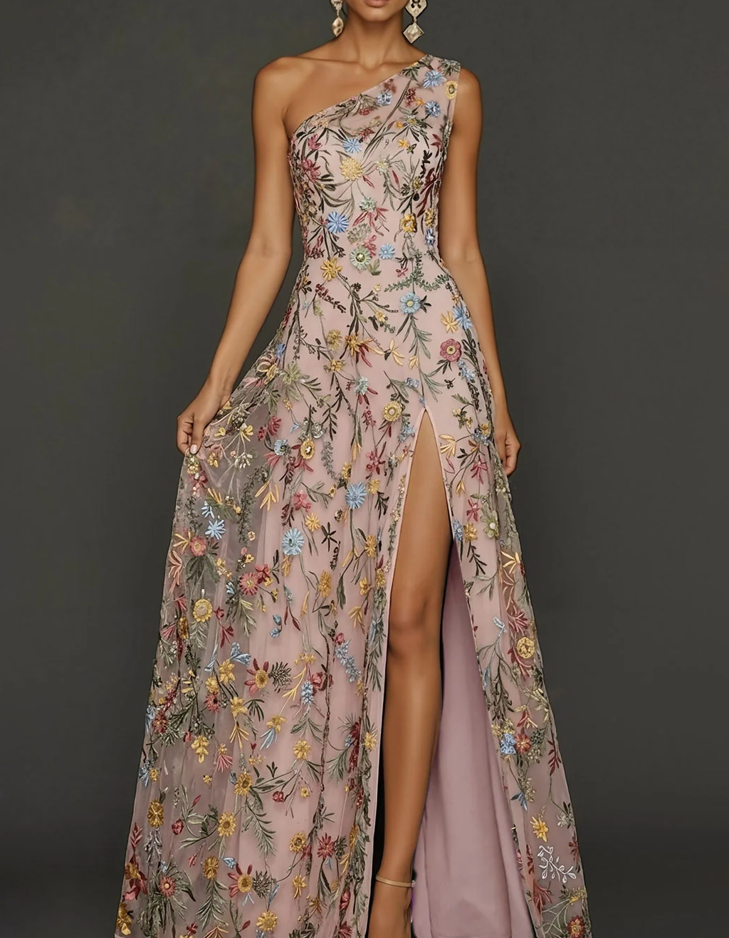 Chiffon Lace Embroidered One Shoulder Fitted Waist Maxi Dress