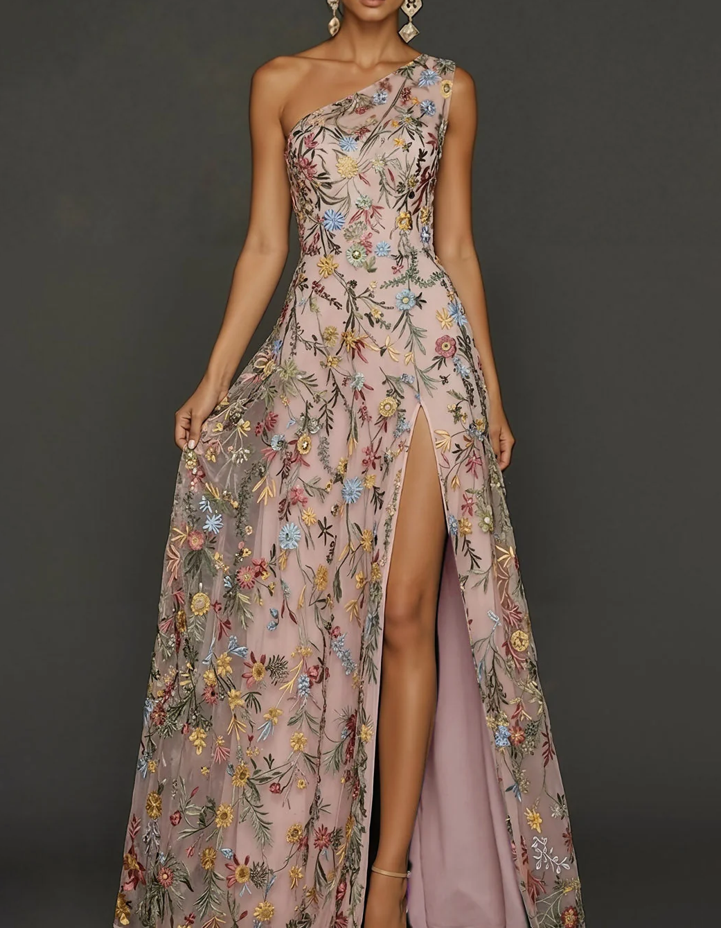 Chiffon Lace Embroidered One Shoulder Fitted Waist Maxi Dress