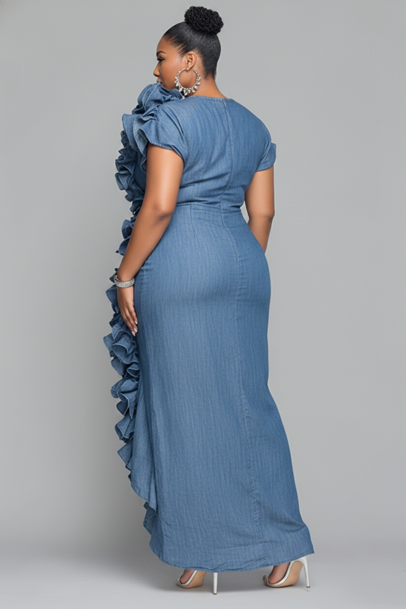 Xpluswear Design Plus Size Cocktail Party Blue Round Neck Short Sleeve Ruffle Pocket Tencel Denim Maxi Dresses