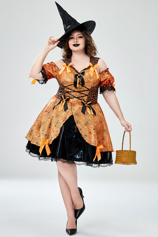 Halloween Costume Orange Witch Cold Shoulder Mini Dress (With Hat)(Ships 24h)
