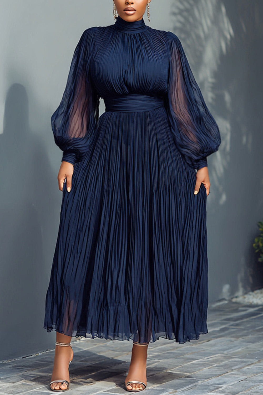 Churchs Navy Blue Mock Neck Lantern Sleeve Long Sleeve See Through Elegant Ruffled Midi Dresses