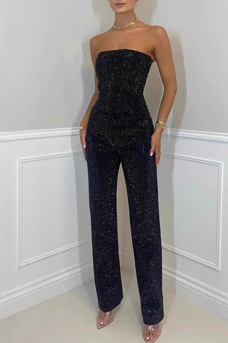 Ladies' Sexy Off Shoulder Sparkling Rhinestone Denim Top & Jeans