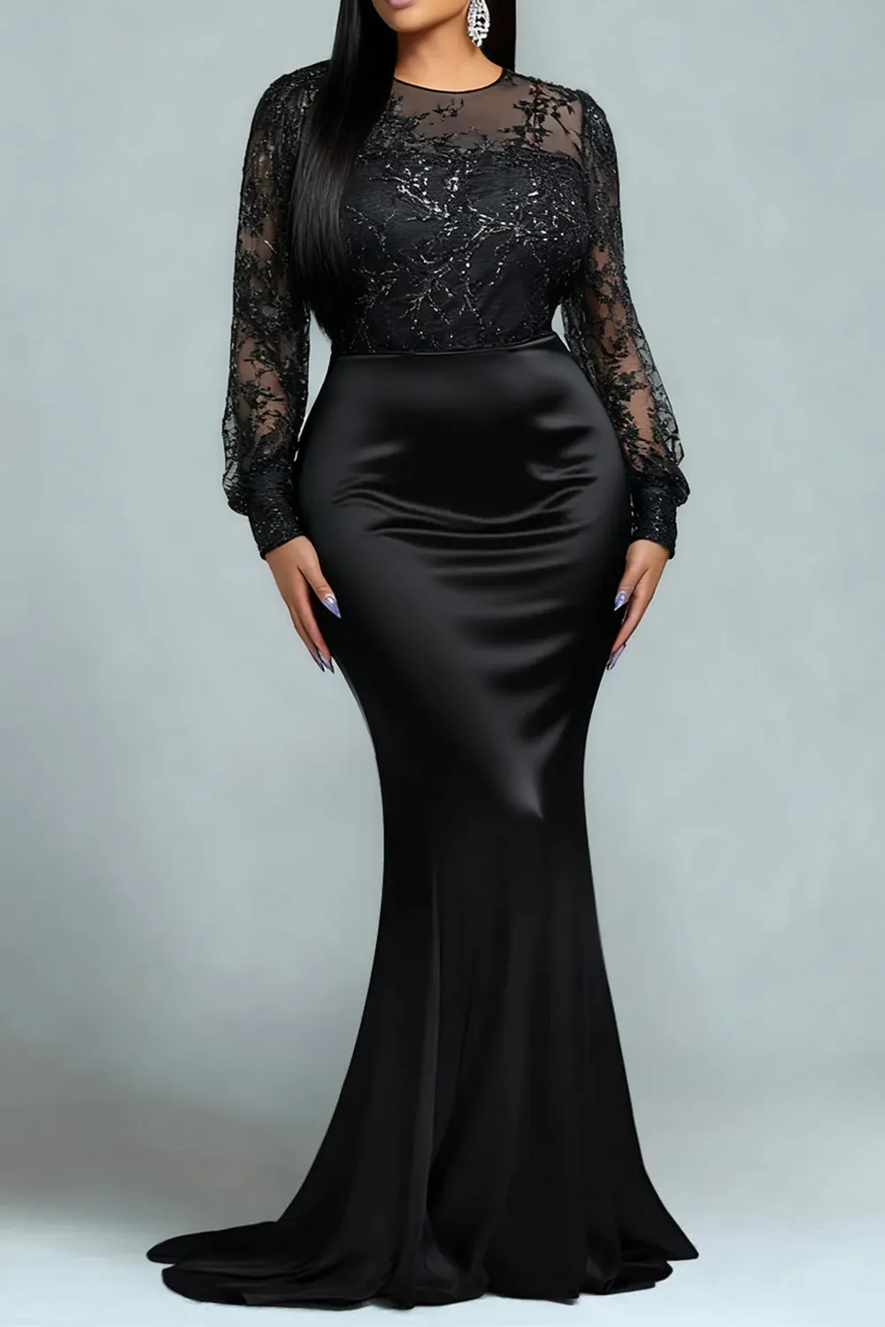 Sequin Black Round Neck Puff Sleeve Long Sleeve Mermaid Elegant See Through Satin Maxi Dresses