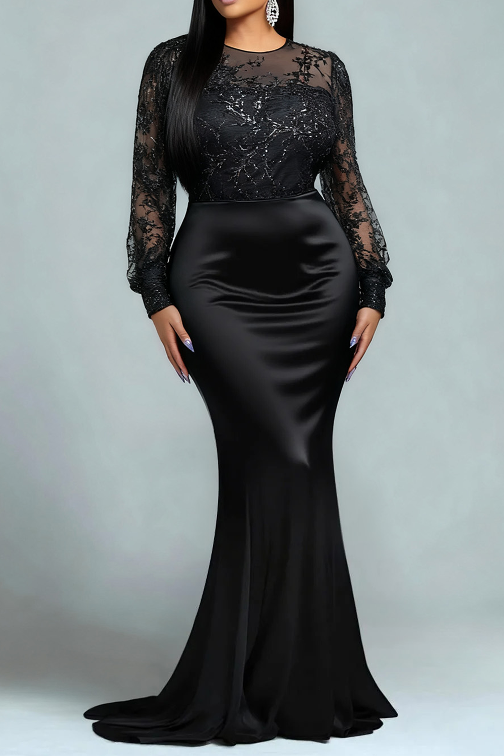 Sequin Black Round Neck Puff Sleeve Long Sleeve Mermaid Elegant See Through Satin Maxi Dresses