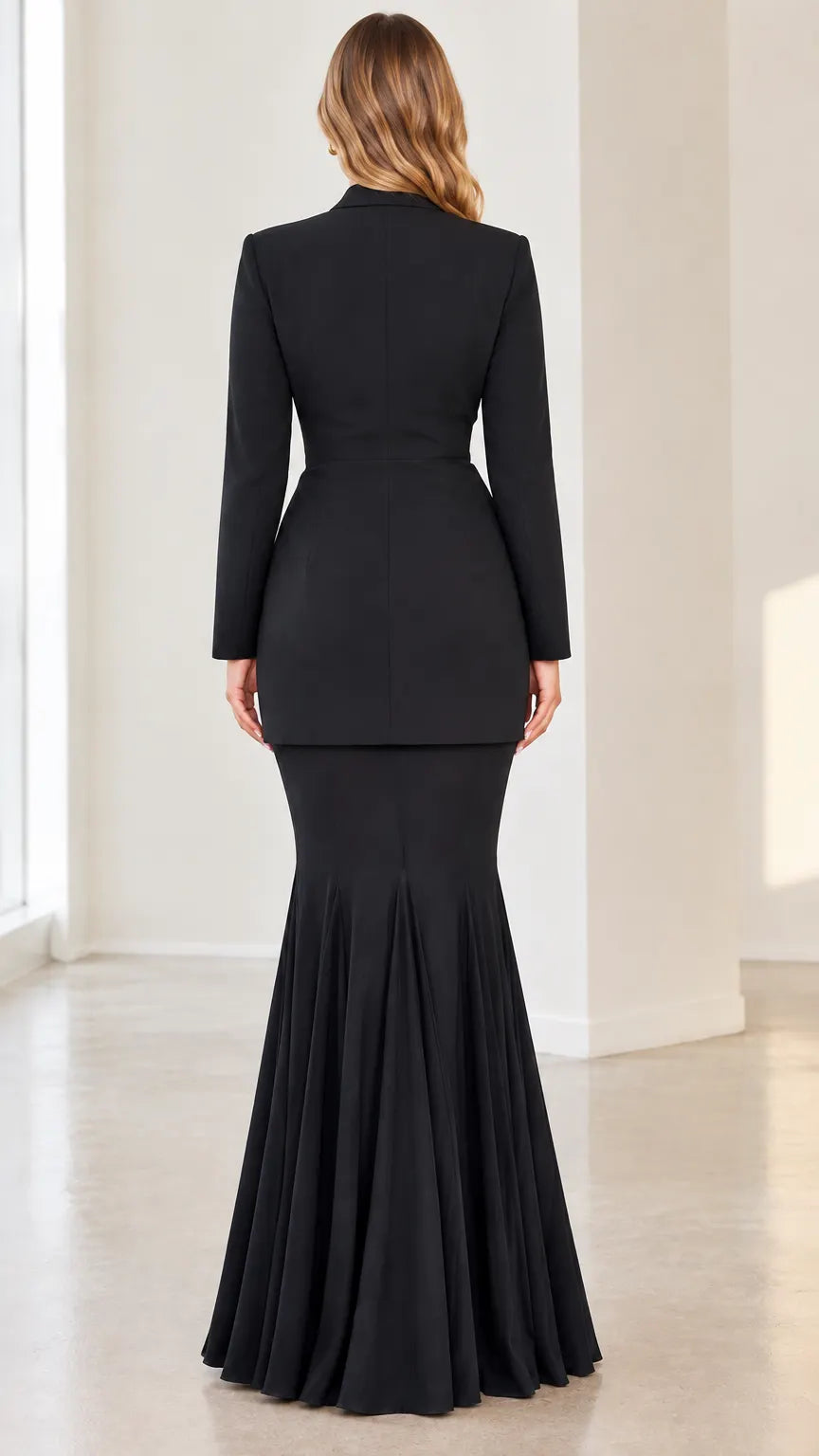 Tailored Blazer and Pleated Mermaid Maxi Skirt Two-Piece Set
