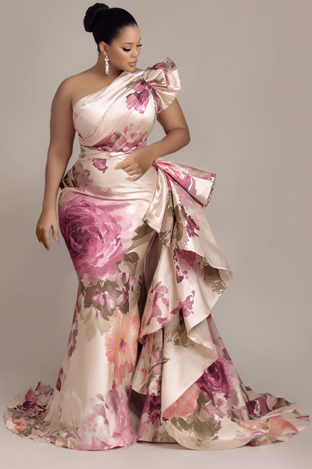 Floral One-Shoulder Ruffle Mermaid Gown –  Elegance
