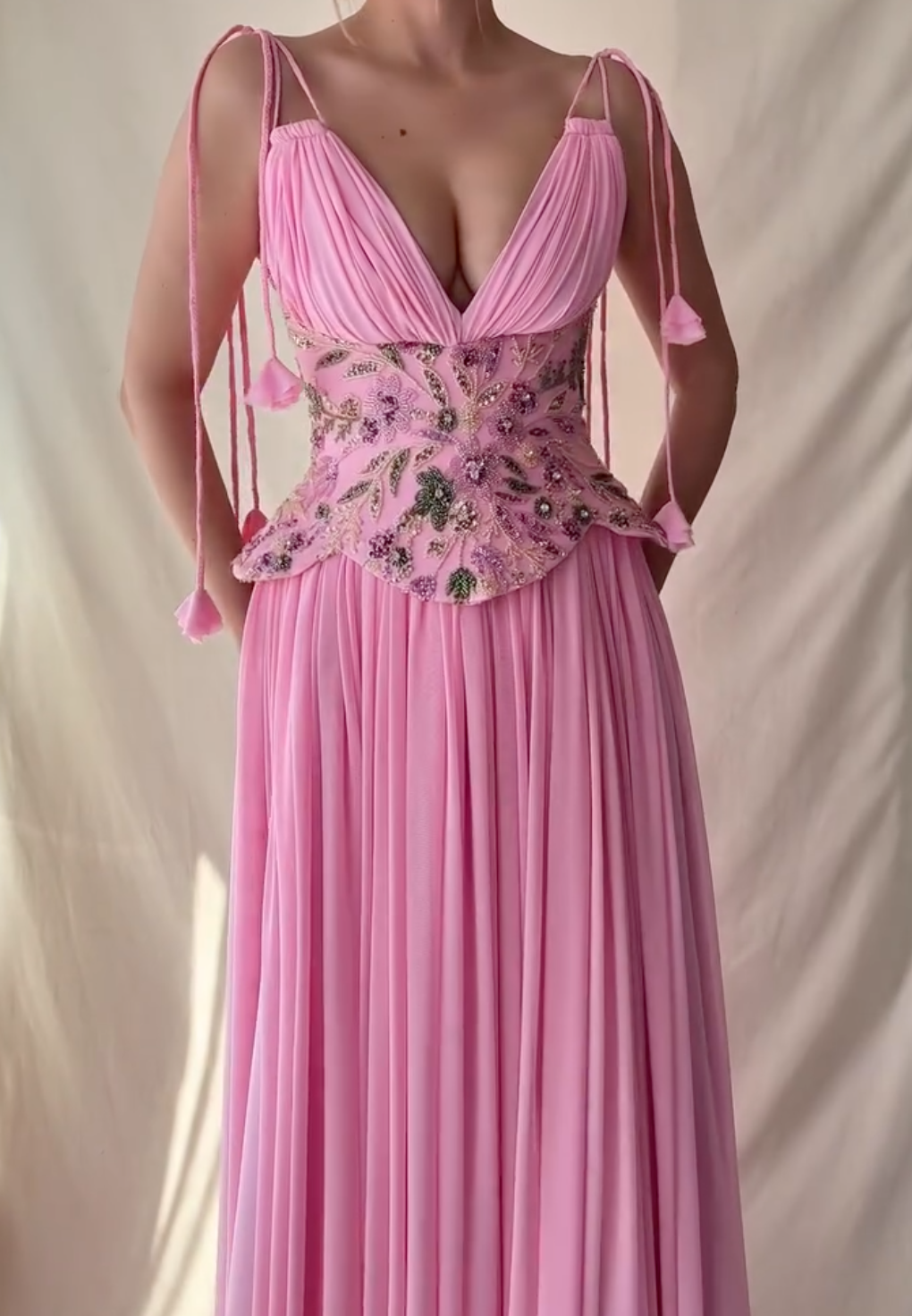 Blush Pink Spaghetti Strap Maxi Dress with Floral Beaded Peplum