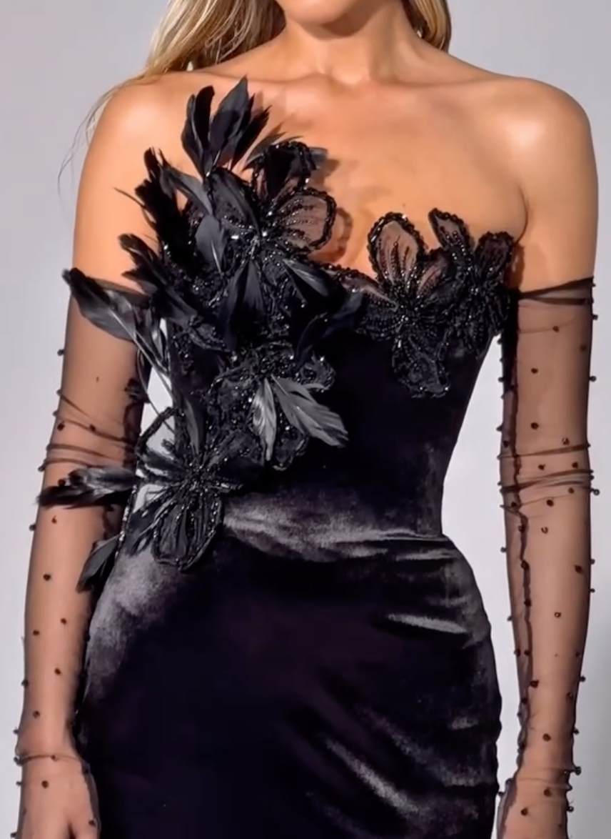 Black Velvet Strapless Feather & Beaded Floral Appliqué Maxi Dress