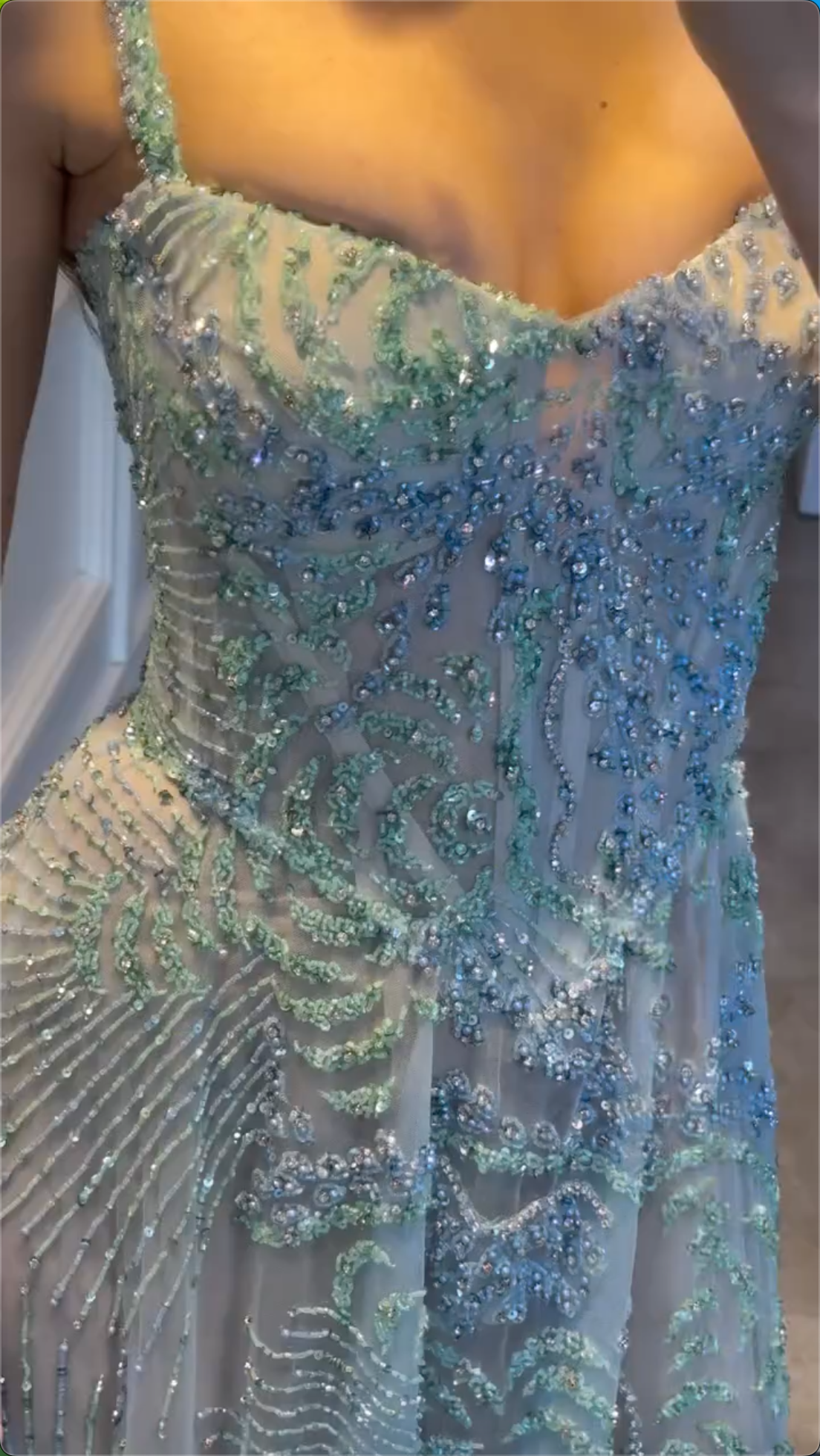 Multi-Color Floral Crystal Beaded Spaghetti Strap High Split Tulle Maxi Evening Dress, Formal Prom Pageant Gown