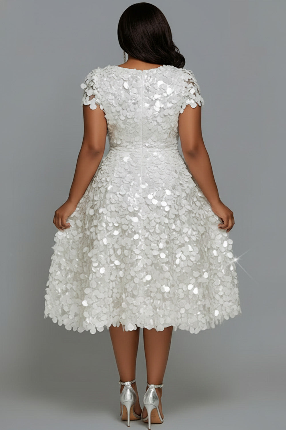 Cocktail Party White Round Neck Cap Sleeve Short Sleeve Sequin Midi Dresses