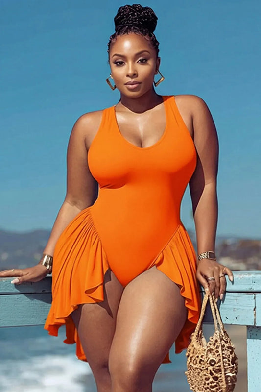Beach Orange Round Neck Ruffle Swimsuit Fabric Swimwear Dress