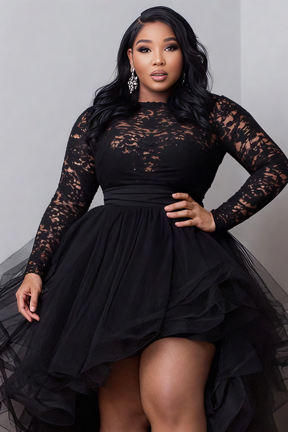 Cocktail Party Black Round Neck Long Sleeve High Low Hem Elegant Ruffle Tulle Lace Mini Dresses