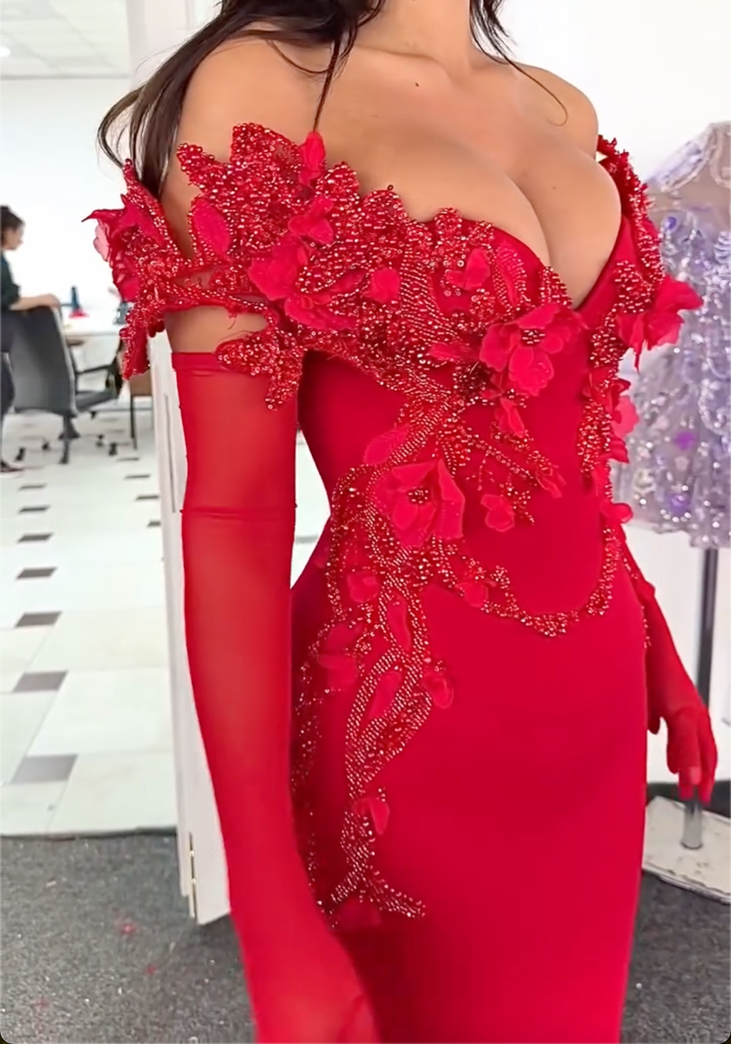 Luxury Red Embellished 3D Floral Off Shoulder Maxi Dress - Mermaid Formal Prom Gown With Gloves