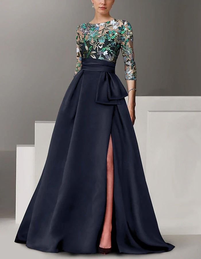 Round Neck Satin Sequined Sleeves Maxi Dress