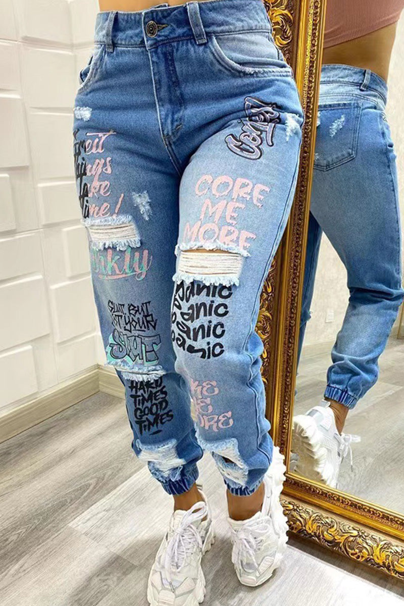 Distressed Skinny Jeans With Embroidered Lettering