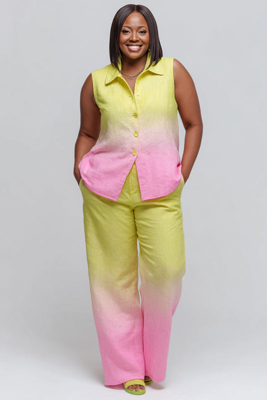 Business Casual Multicolor Gradient Shirt Collar Pocket Linen Two Piece Pant Sets