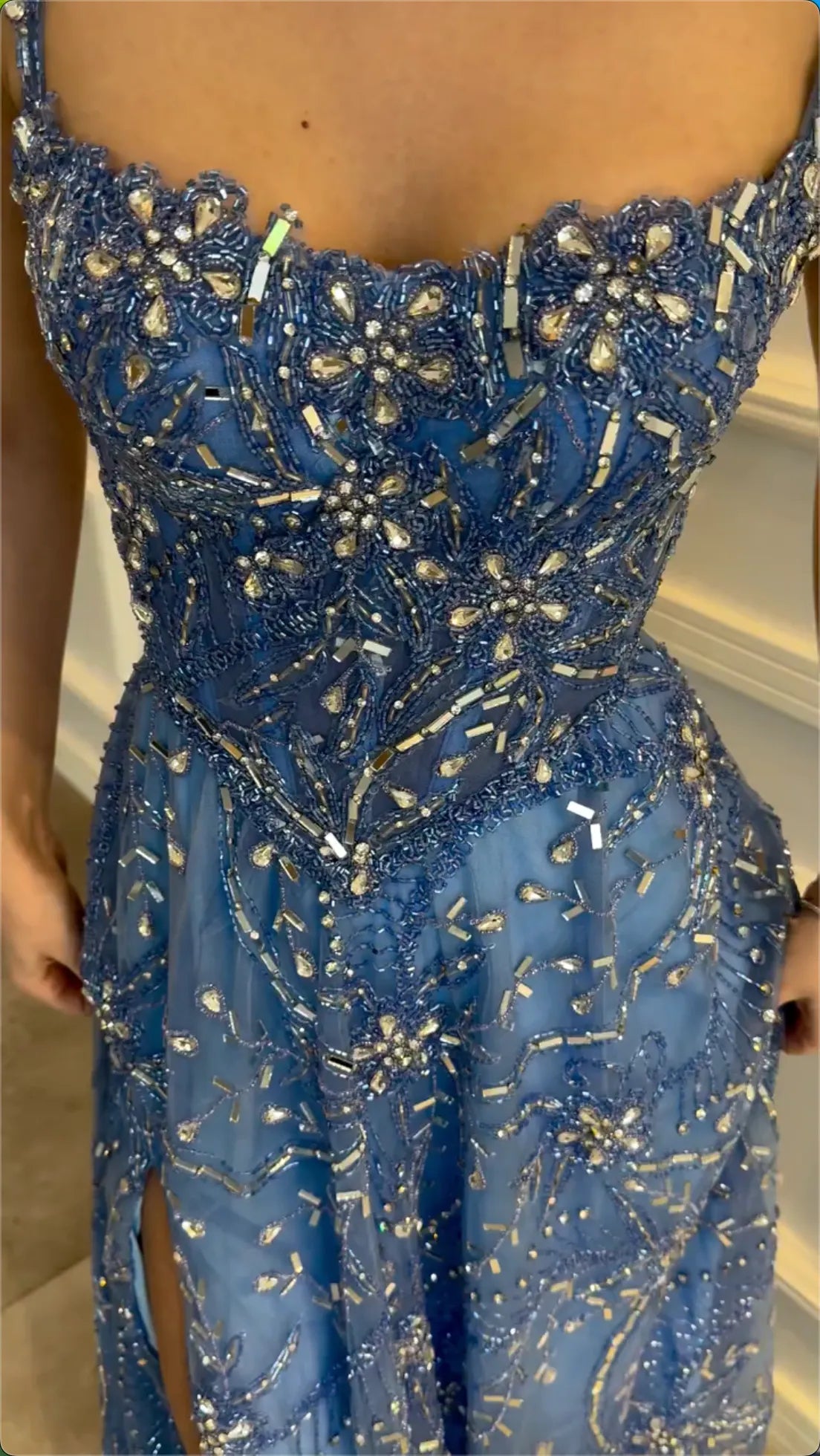 Multi-Color Floral Crystal Beaded Spaghetti Strap High Split Tulle Maxi Evening Dress, Formal Prom Pageant Gown