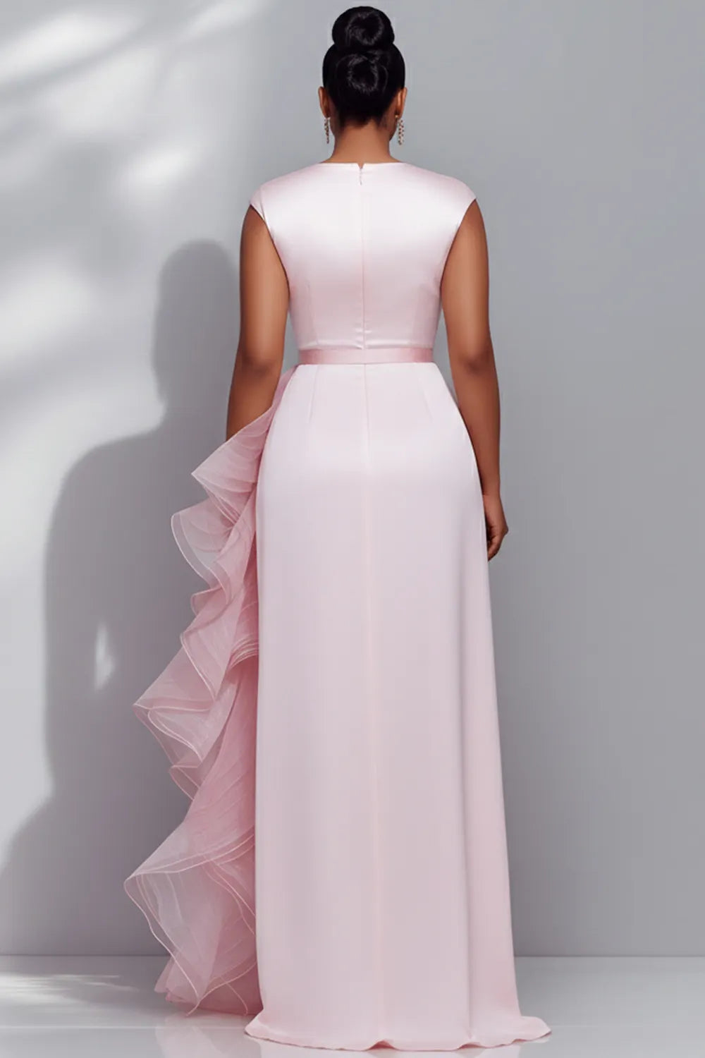 Organza Pink Round Neck Cap Sleeve Short Sleeve Ruffle Split Satin Maxi Dresses