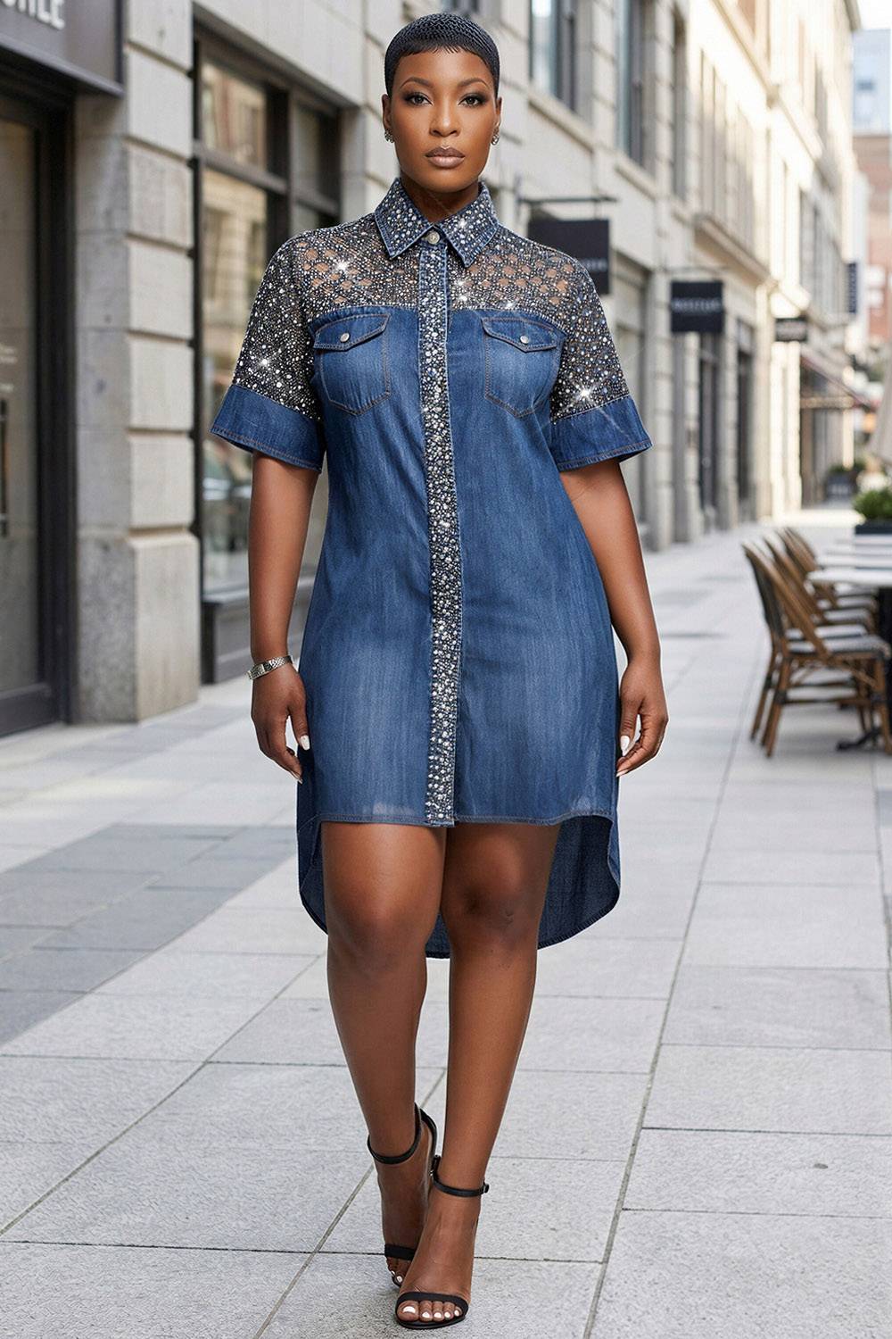 Xpluswear Design Plus Size Business Casual Sequin Blue Shirt Collar Short Sleeve Asymmetric Hem Tencel Denim Mini Dresses [Pre-Order]